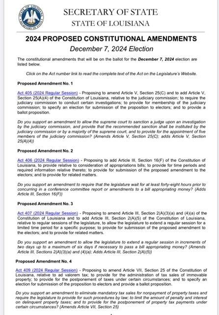 Louisian Proposed Constitutional Amendments on the December 7 2024 Ballot